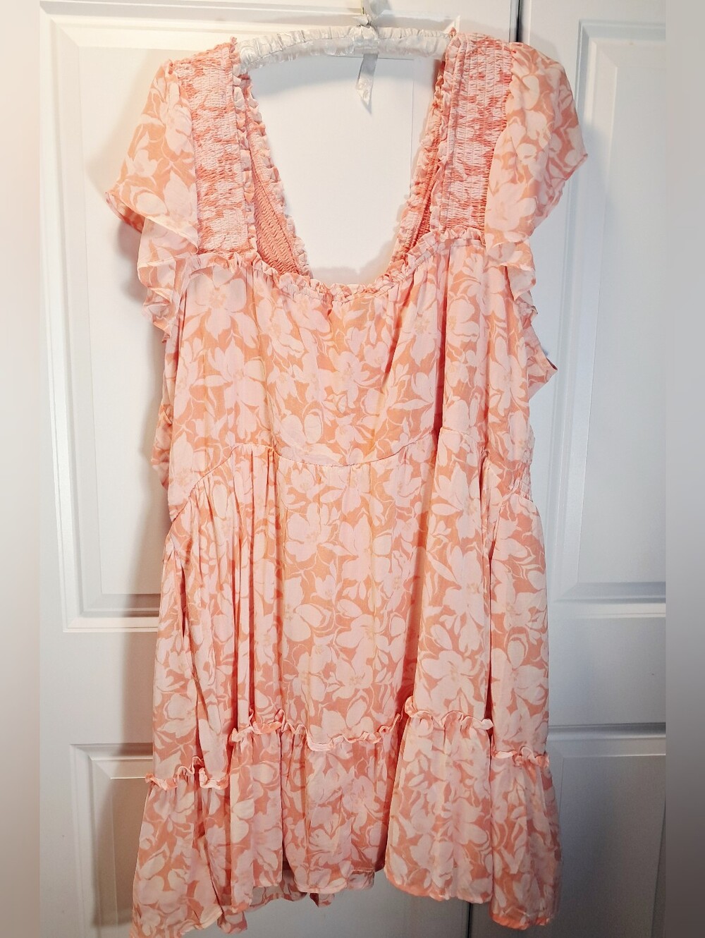 Torrid Coral Floral Chiffon Ruffle Deep V-Neck Smocked Back Mini Dress Plus Size - Picture 9 of 12